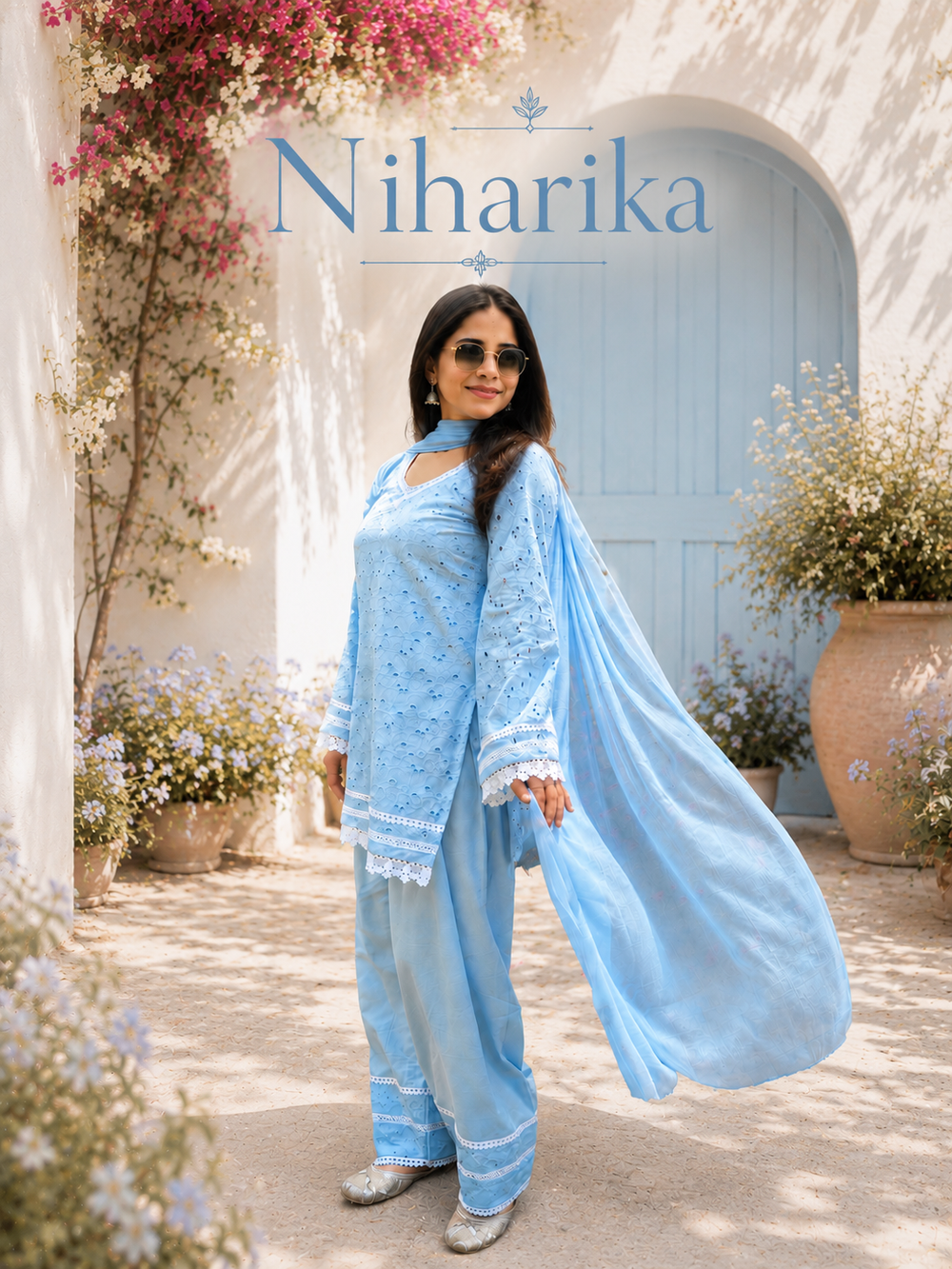 Niharika – Powder Blue Chikankari Farsi Set