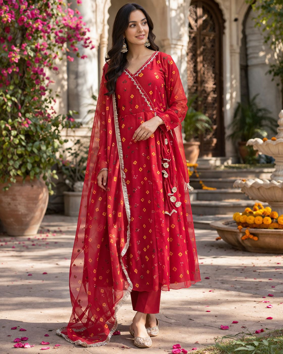 Red Bandhej Anarkali Set