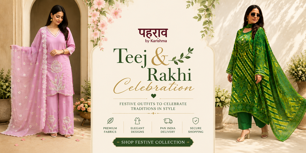 A promotional banner for a fashion collection showing two models wearing traditional Indian ethnic outfits. On the left, a model wears a light pink embroidered kurta set.